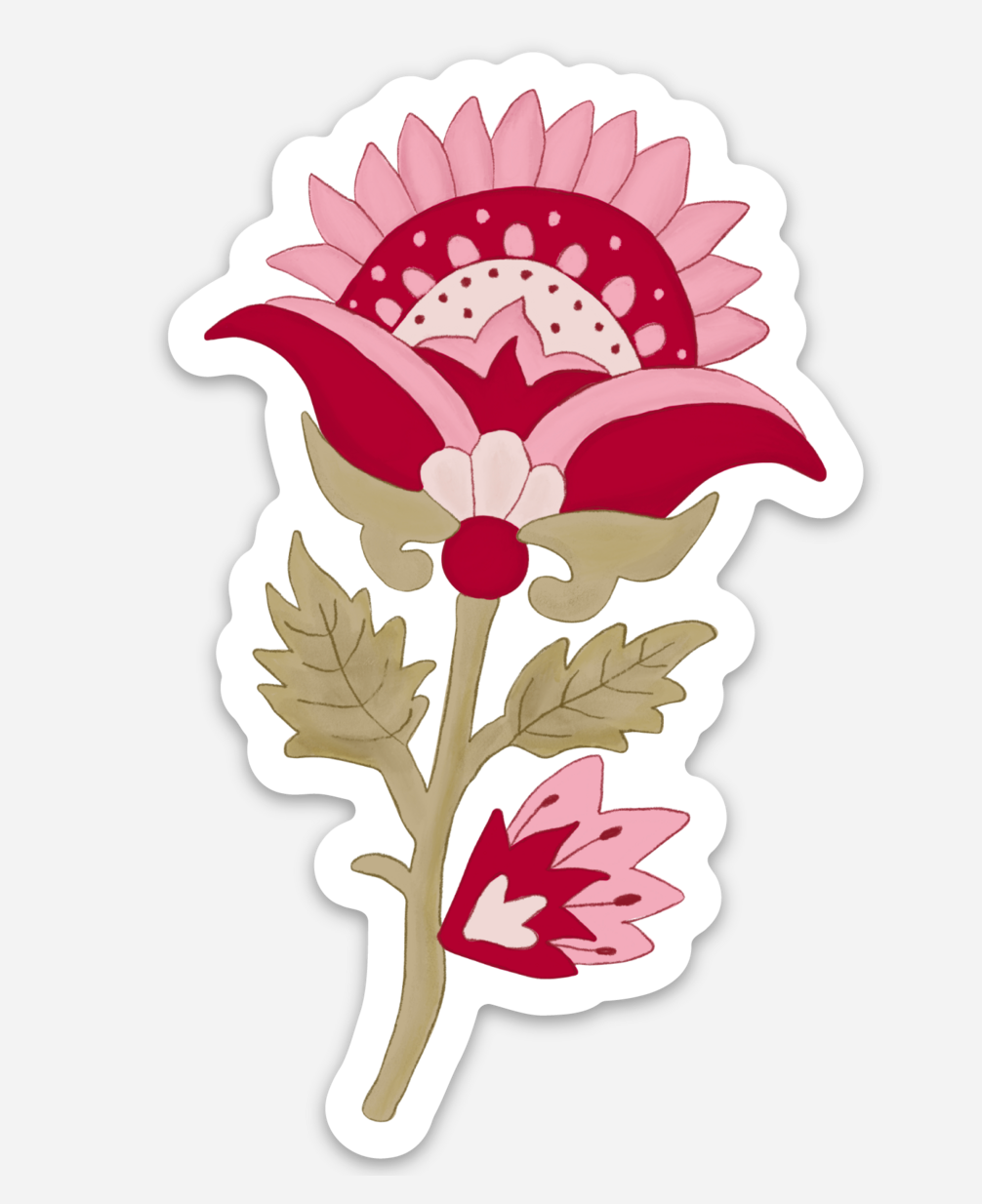 A die-cut sticker featuring a stylized floral illustration with layered pink and red petals, olive-green leaves, and a tan stem on a light gray background.