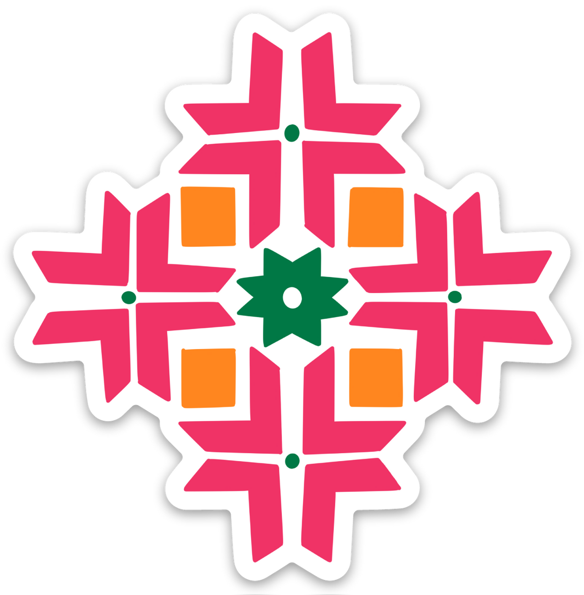 Colourful Punjabi Phulkari-inspired waterproof vinyl sticker with pink floral geometric design, orange accents and green details