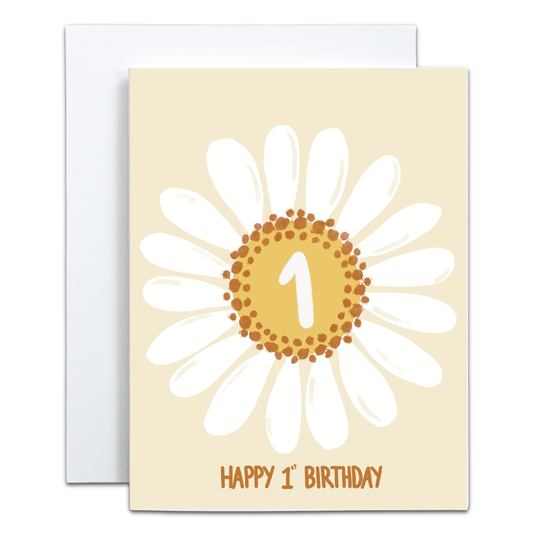 A square greeting card with a large white daisy design and a yellow center featuring the number 1, with the words HAPPY 1st BIRTHDAY. 