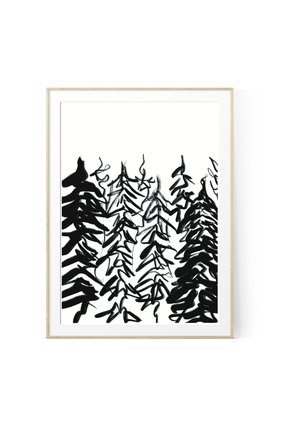Abstract black and white nature art print featuring a bold layout of pine trees created with expressionistic ink art brushstrokes, showcased in a light wood fram