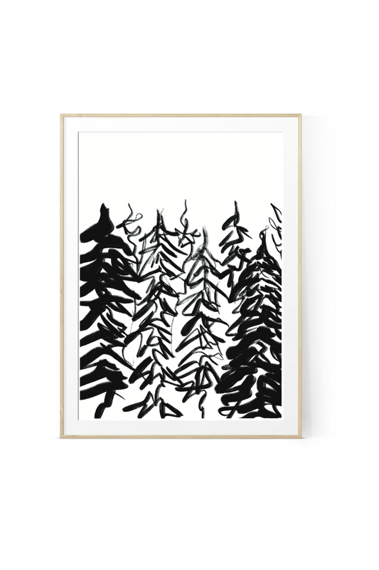 Abstract black and white nature art print featuring a bold layout of pine trees created with expressionistic ink art brushstrokes, showcased in a light wood fram