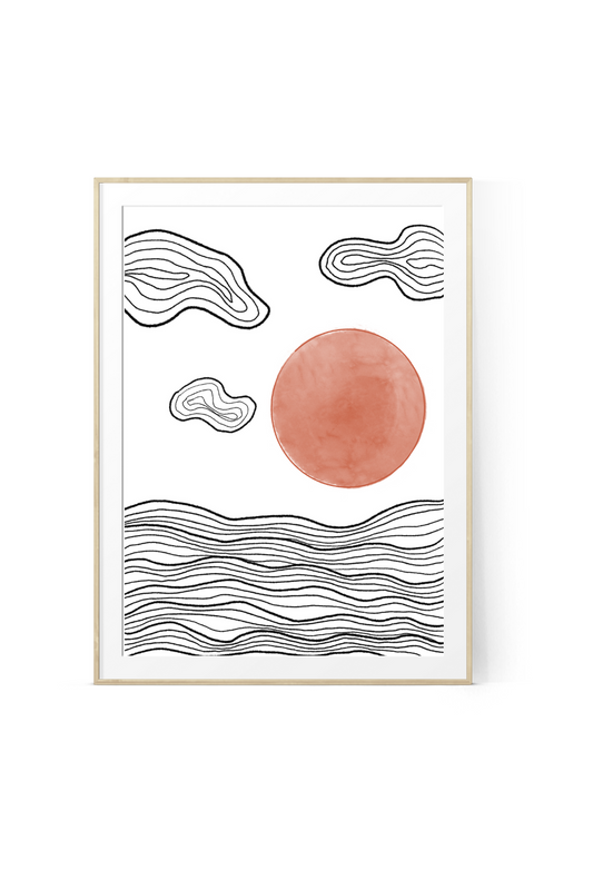 Minimalist boho art print featuring a warm terracotta watercolor sun setting over abstract black line art waves and clouds, displayed in a light wood frame on a white background.