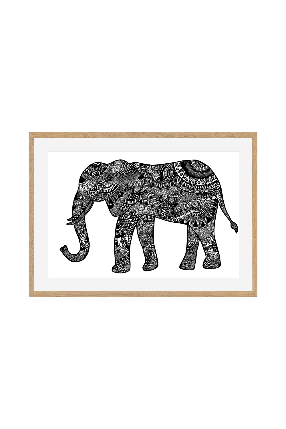 Detailed black and white art print of an elephant filled entirely with intricate mandala art, floral patterns, and geometric lines, framed horizontally in a light wood border.