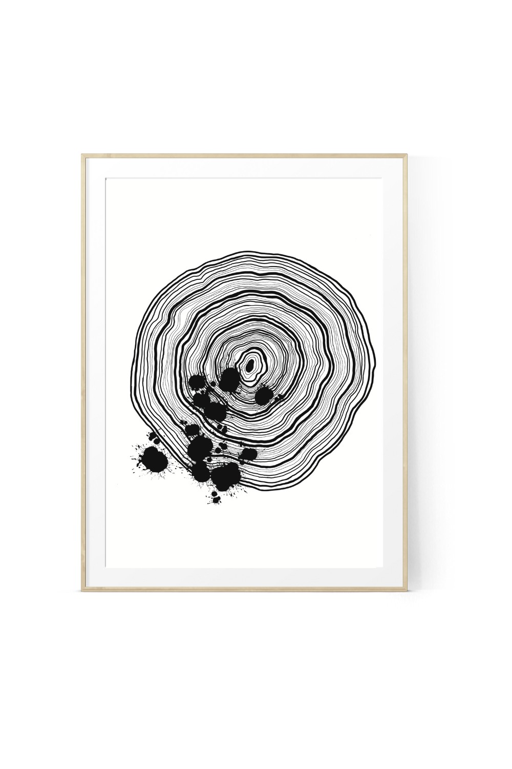 Life Interrupted black and white abstract wall art print featuring organic tree ring patterns and expressive black ink marks