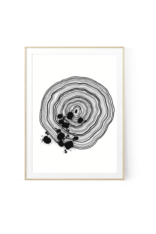 Life Interrupted black and white abstract wall art print featuring organic tree ring patterns and expressive black ink marks