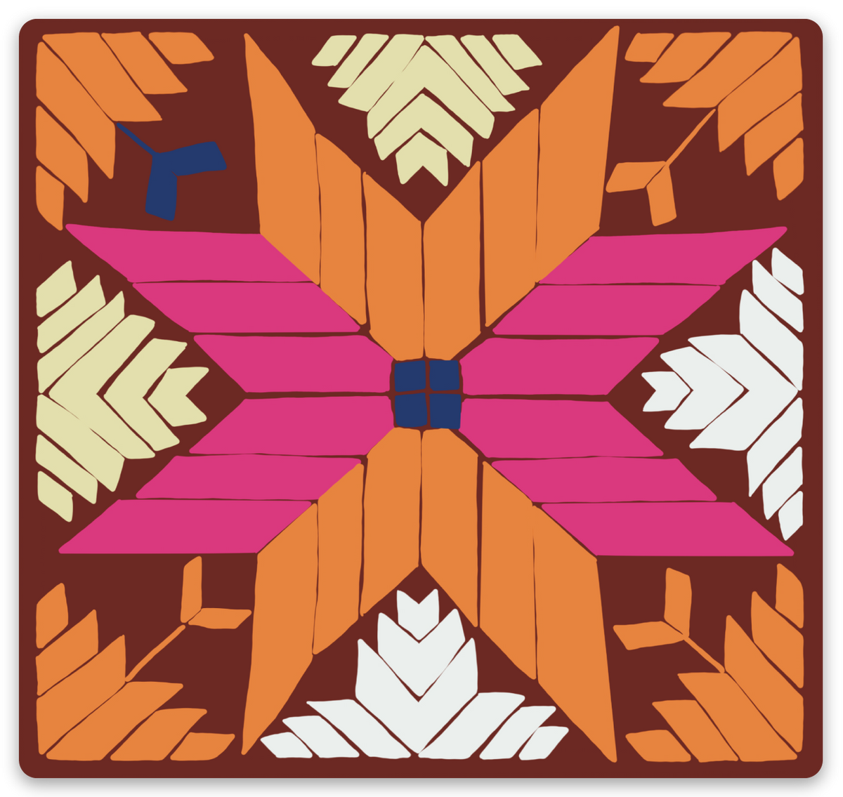 Punjabi Phulkari vinyl sticker featuring vibrant pink and orange floral geometric embroidery-inspired design