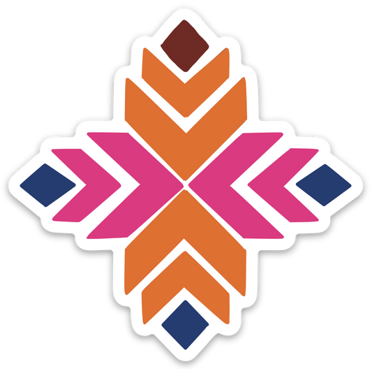 Phulkari-inspired weatherproof vinyl sticker featuring a colourful geometric floral design in pink, orange and blue
