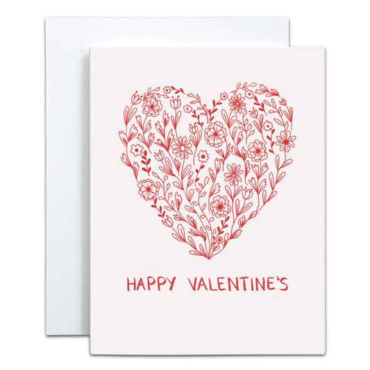 A Valentine's Day greeting card with a red floral heart design and the words 'HAPPY VALENTINE'S' printed below, shown with a white envelope behind it 