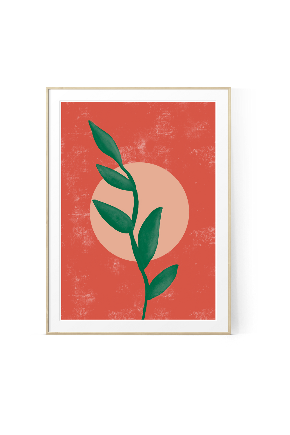 Abstract botanical wall art print featuring a deep green leafy stem on a textured coral red background with a soft peach circle