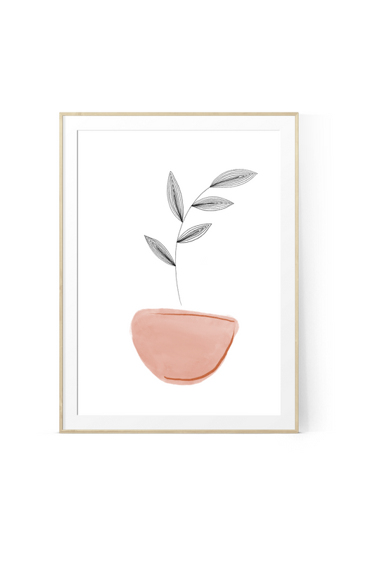 Minimalist boho art print featuring a warm terracotta watercolor clay pot with a delicate black line art botanical branch growing out of it, displayed in a light wood frame.