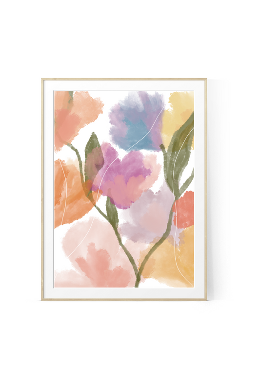 Abstract botanical art print featuring large, fluid watercolor flowers in pastel shades of peach, pink, purple, and yellow with thin white line art leaf details, presented in a light wood frame.