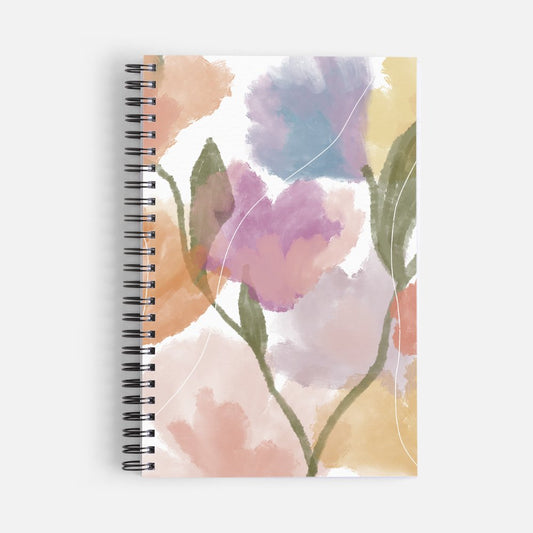 Watercolour floral spiral notebook with abstract flowers in purple, pink, peach, yellow and blue