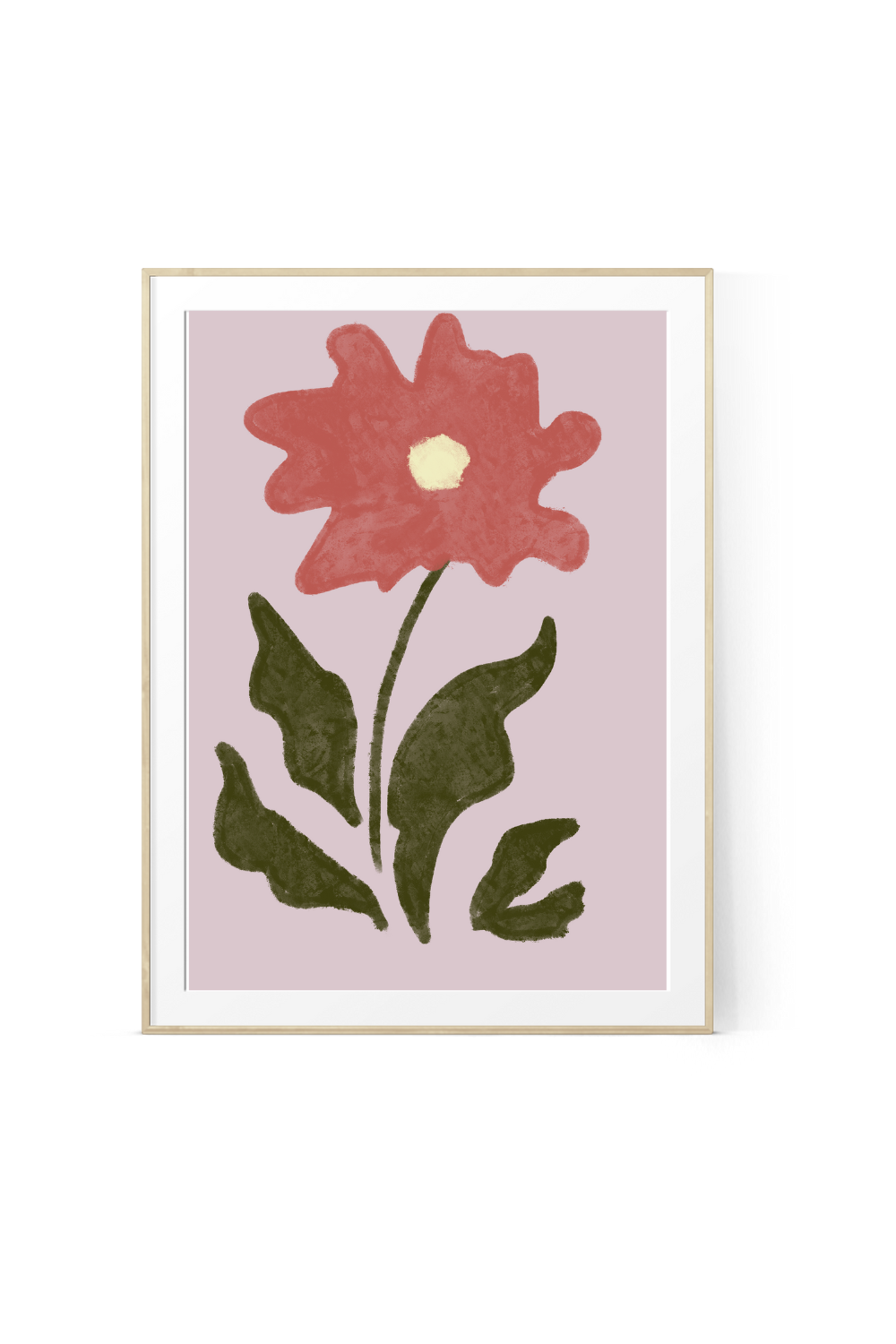 Whimsical modern folk art print showing a large, abstract red flower with wavy dark olive green leaves painted on a soft lavender background, styled in a light wood frame.