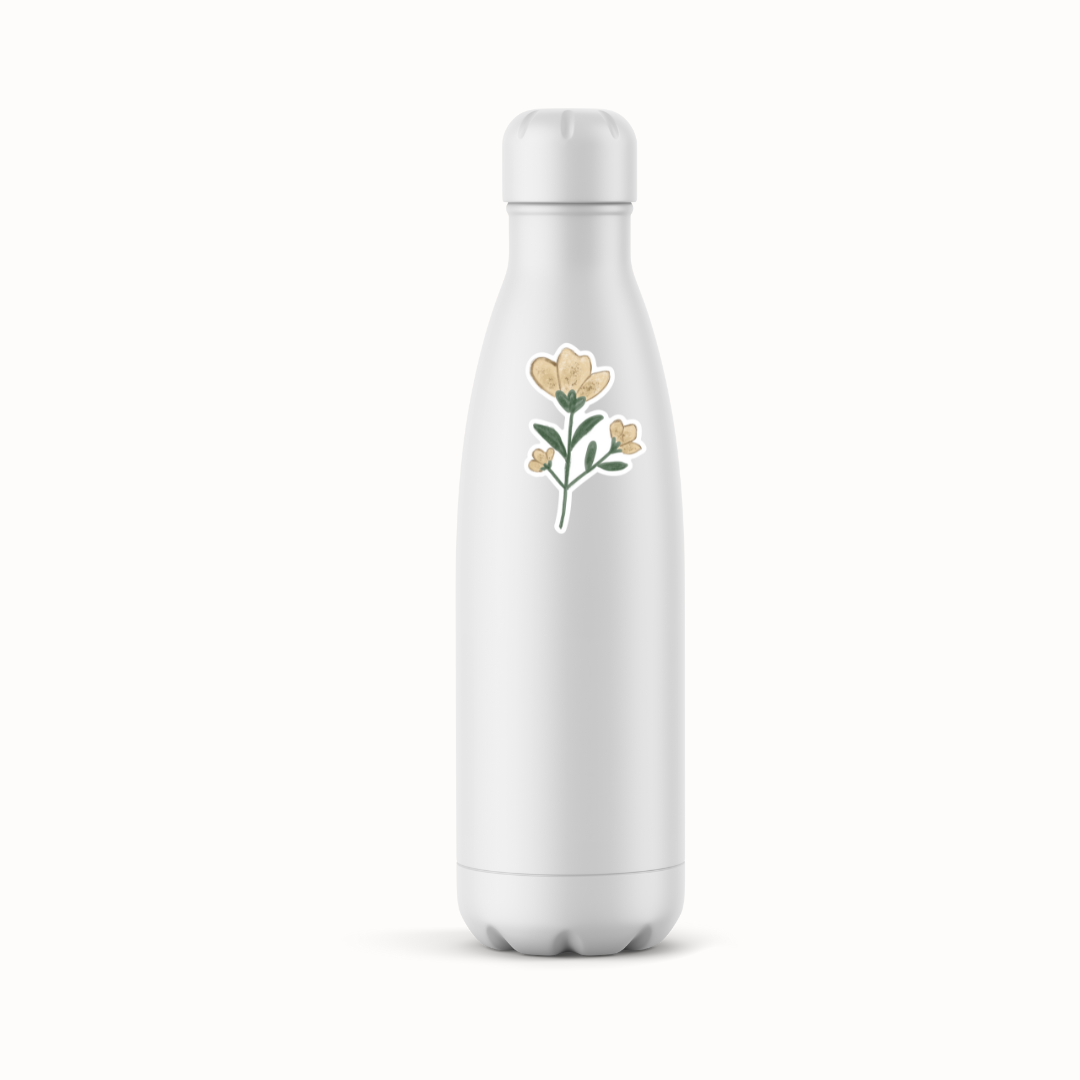 A white insulated water bottle with a 
yellow floral sticker on the front, shown against a plain white background.